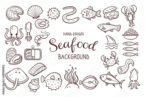 Hand-drawn seafood background. Fish  seaweed  and shellfish. Food ingredients for cooking illustration. Isolated doodle icons on white background. Vector illustration.