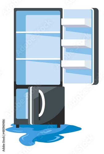 Broken refrigerator, defrosting fridge with water
