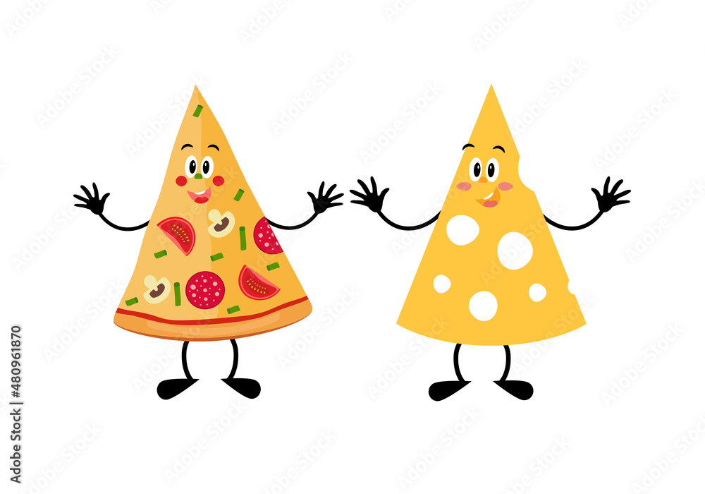 Pizza slice with sausage, mushrooms and tomatoes. A slice of cheese, in a cartoon style. Isolated on white background vector illustration. Pizza slice with sausage, mushrooms and tomatoes. A slice of cheese, in a cartoon style. Isolated on white background vector illustration.