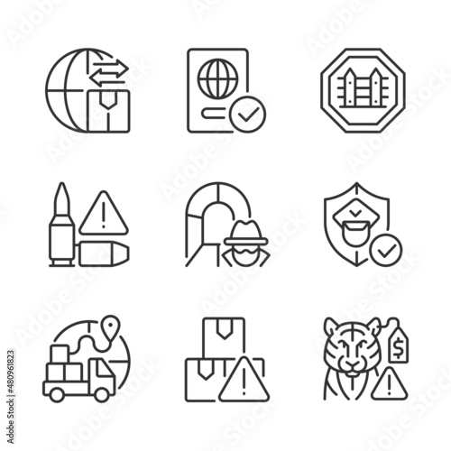International trading linear icons set. Customs officer. Smuggling tunnel. Customizable thin line contour symbols. Isolated vector outline illustrations. Editable stroke. Pixel perfect
