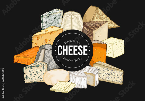 Cheese Horizontal Banner Collection Colorful Vector Illustration Set with badge
