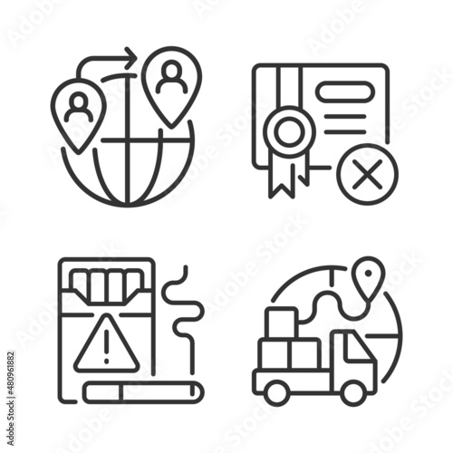 Contraband linear icons set. People smuggling. Cigarettes illegal trading. Customizable thin line contour symbols. Isolated vector outline illustrations. Editable stroke. Pixel perfect