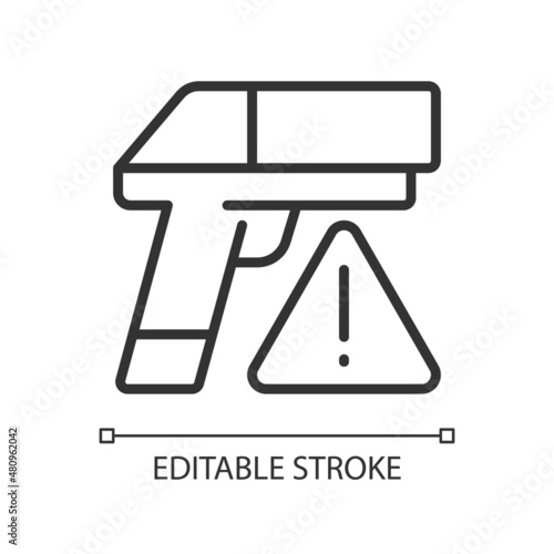 Small arms smuggling linear icon. Weapon trafficking. Contraband. Thin line customizable illustration. Contour symbol. Vector isolated outline drawing. Editable stroke. Pixel perfect. Arial font used