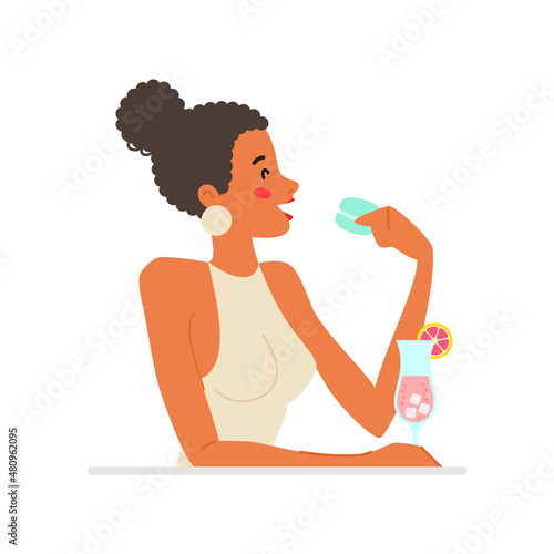 Beautiful girl enjoying dessert and cocktail. Pretty dark haired girl eating a delicious macaroon. Vector illustration drawn in flat style.