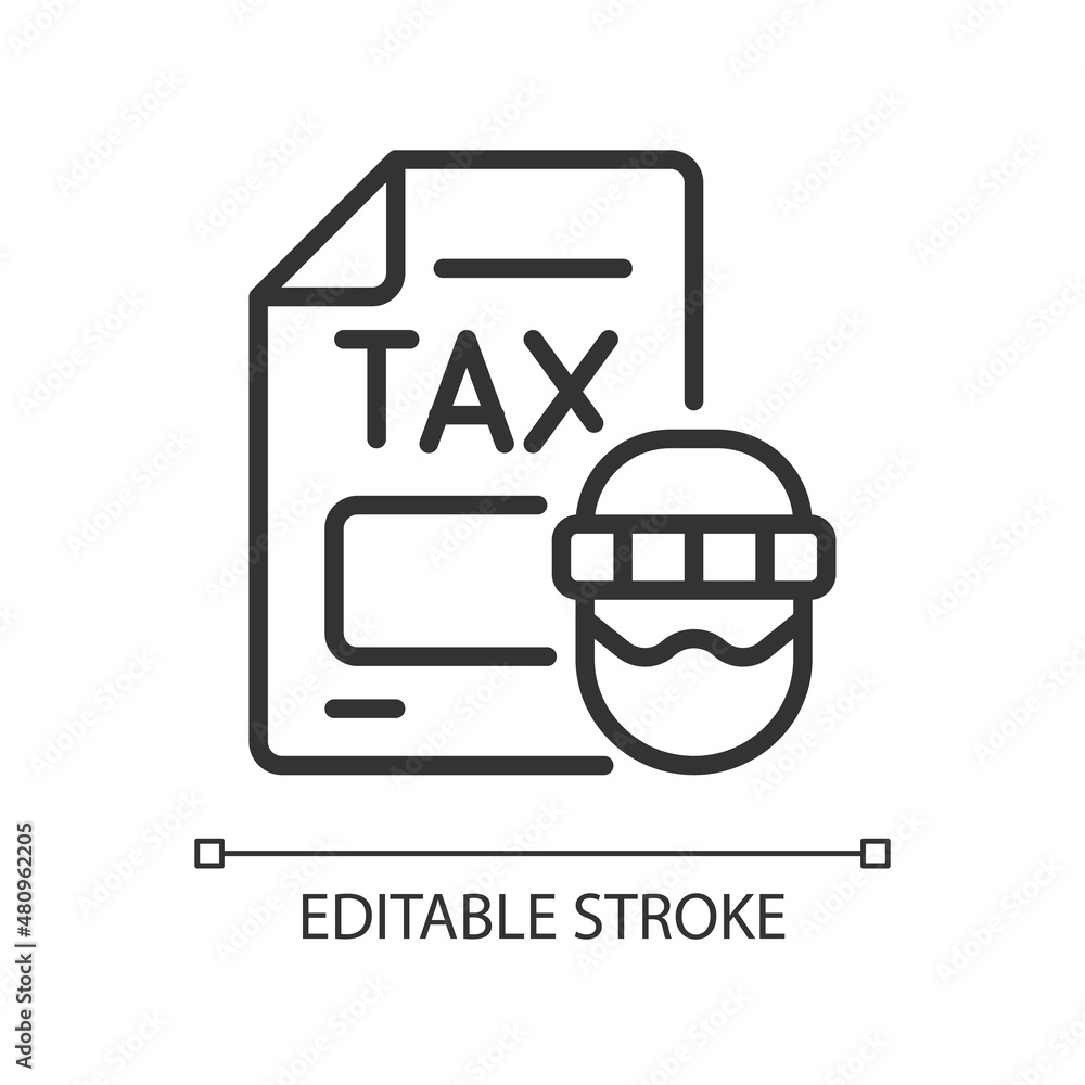 Tax evasion linear icon. Taxation fraud. Economic crime. Thin line customizable illustration. Contour symbol. Vector isolated outline drawing. Editable stroke. Pixel perfect. Arial font used Tax evasion linear icon. Taxation fraud. Economic crime. Thin line customizable illustration. Contour symbol. Vector isolated outline drawing. Editable stroke. Pixel perfect. Arial font used