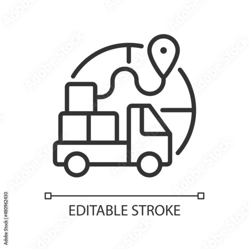 Import restrictions linear icon. Goods, products transportation. Thin line customizable illustration. Contour symbol. Vector isolated outline drawing. Editable stroke. Pixel perfect. Arial font used