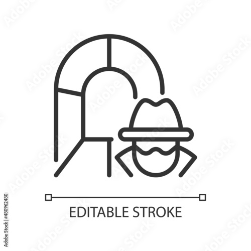 Smuggling tunnel linear icon. Underground border trespassing. Thin line customizable illustration. Contour symbol. Vector isolated outline drawing. Editable stroke. Pixel perfect. Arial font used