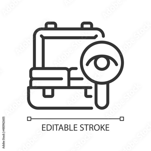 Baggage checks linear icon. Border security. Customs restrictions. Thin line customizable illustration. Contour symbol. Vector isolated outline drawing. Editable stroke. Pixel perfect. Arial font used
