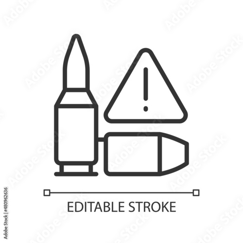 Ammunition smuggling linear icon. Gunrunning and illegal trade. Thin line customizable illustration. Contour symbol. Vector isolated outline drawing. Editable stroke. Pixel perfect. Arial font used