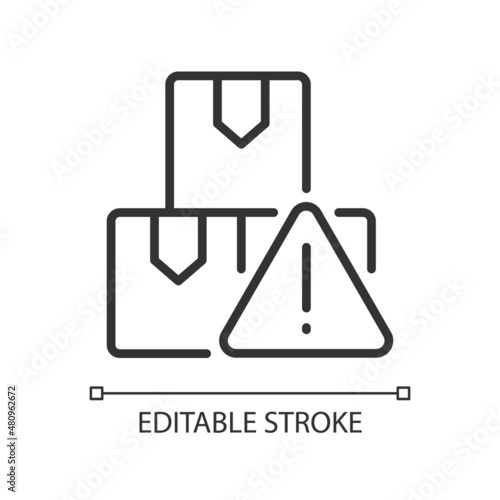 Import regulations linear icon. Customs restrictions and rules. Thin line customizable illustration. Contour symbol. Vector isolated outline drawing. Editable stroke. Pixel perfect. Arial font used