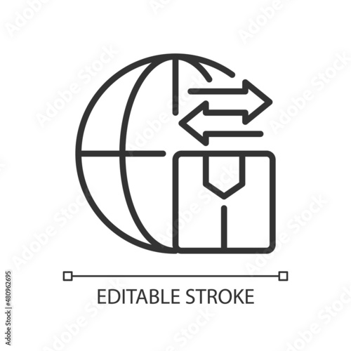 Goods import and export linear icon. Products transportation. Thin line customizable illustration. Contour symbol. Vector isolated outline drawing. Editable stroke. Pixel perfect. Arial font used