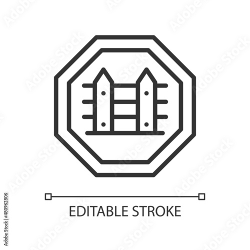 Country borders linear icon. Homeland security. State barrier. Thin line customizable illustration. Contour symbol. Vector isolated outline drawing. Editable stroke. Pixel perfect. Arial font used