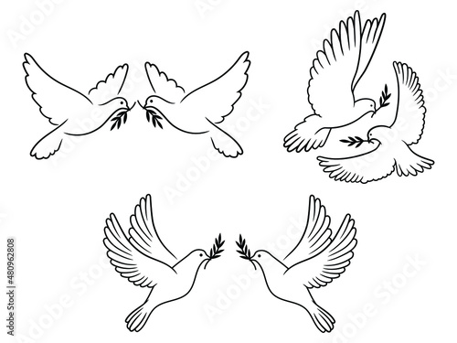 Set of couple pigeons with a branch. Collection of flying world doves. A symbol of peace. Vector illustration of stylized birds.