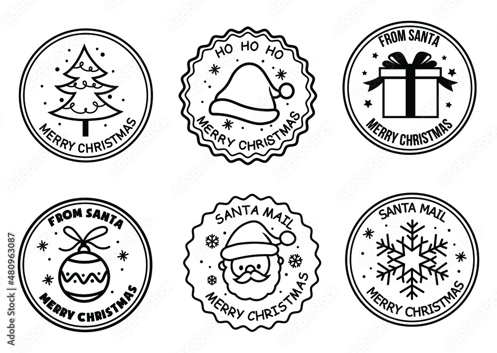 Set of Santa Claus signs. Collection of stamps of the North Pole. Vector illustration of stamps for mail. Christmas Signs. Drawing for children.