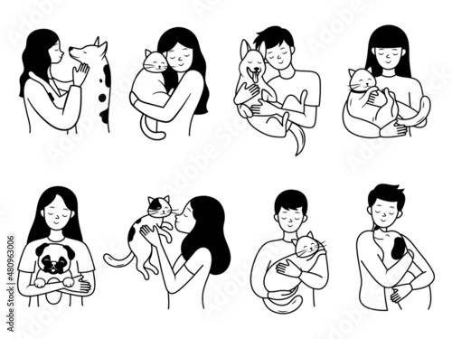 Set of people with a pet. Collection of human with a different animals. Love for your pet. Care for animals. Black and white illustration for a veterinarian.