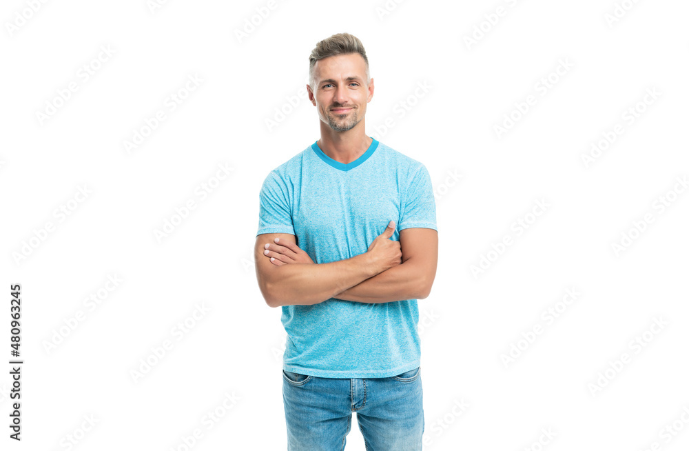 Fototapeta premium cheerful handsome mature guy with graying hair isolated on white background, mens beauty