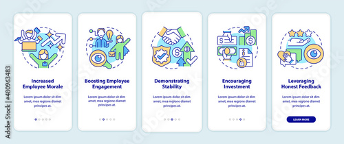 Benefits of transparency onboarding mobile app screen. Business walkthrough 5 steps graphic instructions pages with linear concepts. UI, UX, GUI template. Myriad Pro-Bold, Regular fonts used