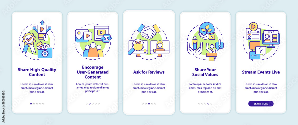 How to build trust on social media onboarding mobile app screen. Business walkthrough 5 steps graphic instructions pages with linear concepts. UI, UX, GUI template. Myriad Pro-Bold, Regular fonts used