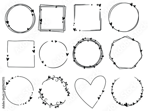 Set of love frames with heart . Collection of design love border for wedding invitation, love romantic greeting card. Happy Valentine's Day. Romantic elements. Vector illustration on white background.