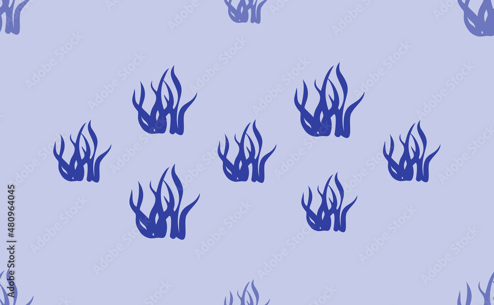 Seamless pattern of large isolated blue seaweed symbols. The pattern is divided by a line of elements of lighter tones. Vector illustration on light blue background