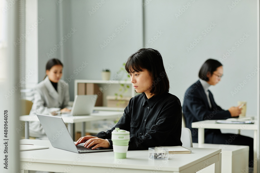 Side view portrait of young Asian woman looking at laptop screen while working in office Side view portrait of young Asian woman looking at laptop screen while working in office
