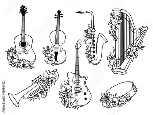 Set of flower musical instruments. Collection of stylized musical instruments with flower arrangement. Vector illustration on white background.