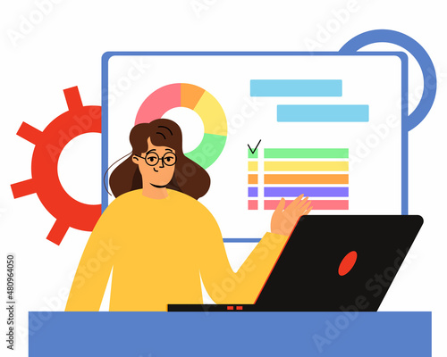 a female employee sums up the results. Report to colleagues. A woman is sitting at her workplace. Vector illustration