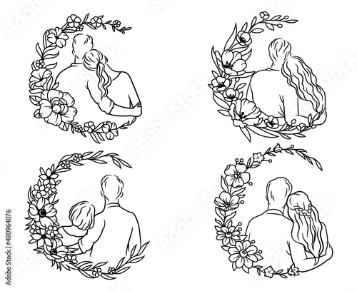 Set of couple in flower border. Collection of stylized wedding couple with flower arrangement. People in love. Engagement. Vector illustration on white background.