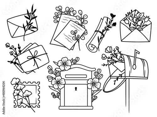Set of flower postal supplies. Collection of vintage postage items, mail box, lovely postmark,flower letter, envelope, etc. Wedding design for postcard. Vector illustration on white background. 