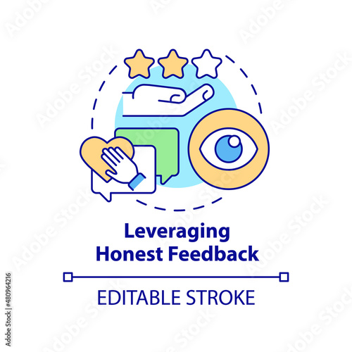 Leveraging honest feedback concept icon. Business transparency providing abstract idea thin line illustration. Isolated outline drawing. Editable stroke. Roboto-Medium, Myriad Pro-Bold fonts used