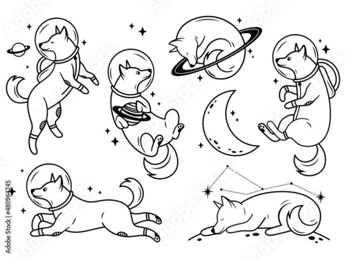 Set of space dog. Collection of dog with planets and star. Puppy travel into space. Vector illustration of cosmic pets in galactic.