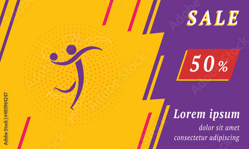 Sale promotion banner with place for your text. On the left is the handball symbol. Promotional text with discount percentage on the right side. Vector illustration on yellow background