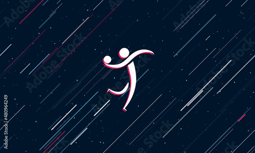 Large white handball symbol framed in red in the center. The effect of flying through the stars. Vector illustration on a dark blue background with stars and slanted lines
