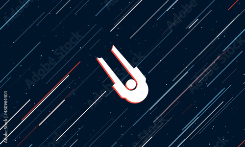 Large white solo bobsleigh symbol framed in red in the center. The effect of flying through the stars. Vector illustration on a dark blue background with stars and slanted lines