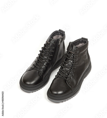 Fotografija Men black winter leather boots with fur inside isolated on white background