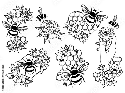 Set of bee with honeycomb. Collection of stylized logo with a honey bee. Farm of honey. Vector illustration on white background.