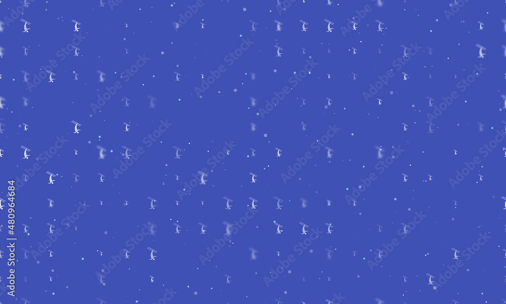 Seamless background pattern of evenly spaced white freestyle skiing symbols of different sizes and opacity. Vector illustration on indigo background with stars