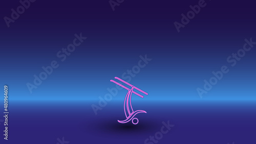 Neon freestyle skiing symbol on a gradient blue background. The isolated symbol is located in the bottom center. Gradient blue with light blue skyline