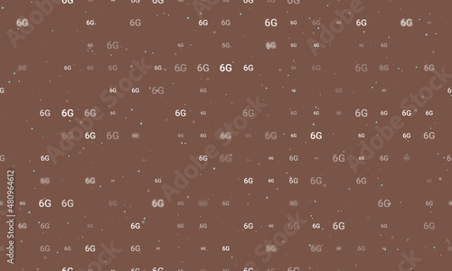 Seamless background pattern of evenly spaced white 6G symbols of different sizes and opacity. Vector illustration on brown background with stars