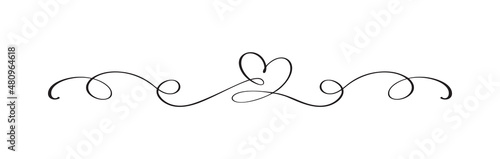 Vintage Flourish Vector divider Valentines Day Hand Drawn Black Calligraphic Heart. Calligraphy Holiday illustration. Design valentine element. Icon love decor for web, wedding