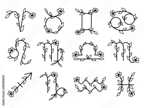 Set of floral zodiac constellations. Collection of stellar bodies and luminaries. Zodiac sign of with glowing lines and flowers. Star chart. Astrological. Vector illustration for planetarium.
