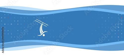 Blue wavy banner with a white freestyle skiing symbol on the left. On the background there are small white shapes, some are highlighted in red. There is an empty space for text on the right side