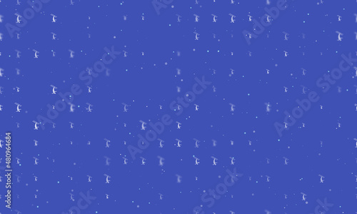 Seamless background pattern of evenly spaced white freestyle skiing symbols of different sizes and opacity. Vector illustration on indigo background with stars