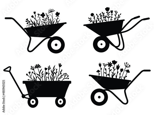 Vászonkép Set of flower garden cart