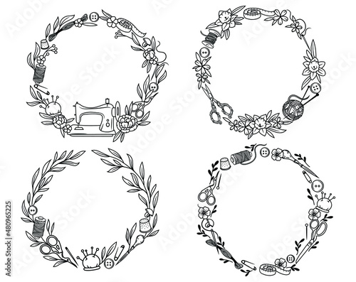 Set of sewing round frame. Collection of flower sewing frame with thread, needles, centimeter. Threads tools for embroidery. Floral sewing sleeve. Vector illustration of sewing supplies.