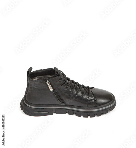 Fotografija Men black winter leather boots with fur inside isolated on white background