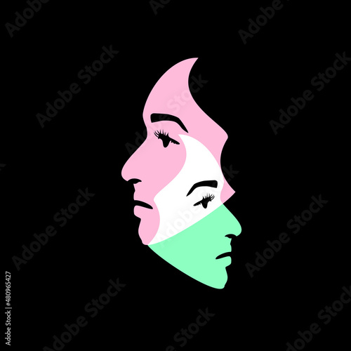 Minimalistic line art of girl's face with double exposure style. Vector illustration
