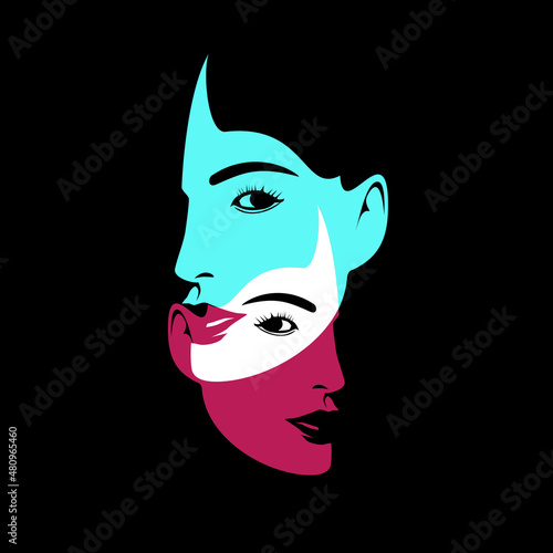 Portrait of beautiful woman in double exposure style on black background. Vector illustration