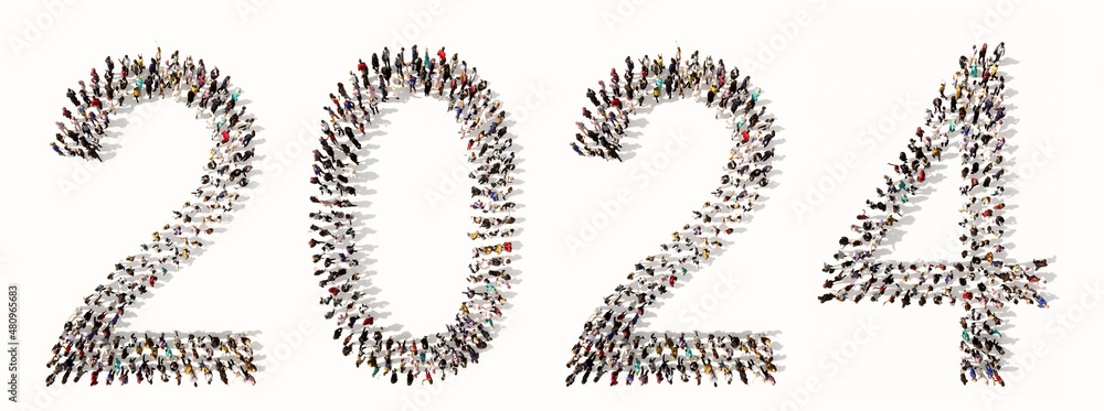 Concept or conceptual large community of people forming 2024 year. 3d illustration metaphor for celebration, festive, party, hope, future, prosperity, health and luck, business and teamwork Concept or conceptual large community of people forming 2024 year. 3d illustration metaphor for celebration, festive, party, hope, future, prosperity, health and luck, business and teamwork