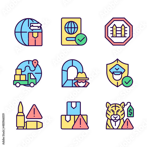 International trading RGB color icons set. Customs officer. Smuggling tunnel. Border security. Isolated vector illustrations. Simple filled line drawings collection. Editable stroke. Pixel perfect